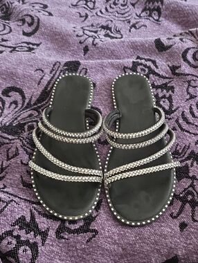 TOP Moda Black Slide Sandals with Silver Rhinestone Straps